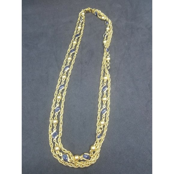 Vintage Triple Strand Necklace Gold Tone Chain Blue and Gold Stations 24" - Picture 3 of 7